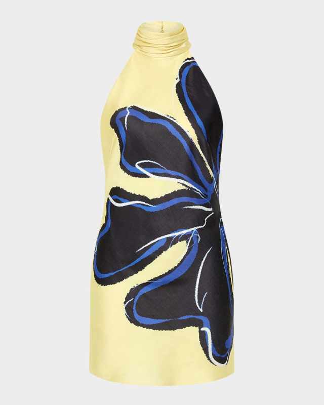 Indigo Bloom Open-Back Halter Mini Dress